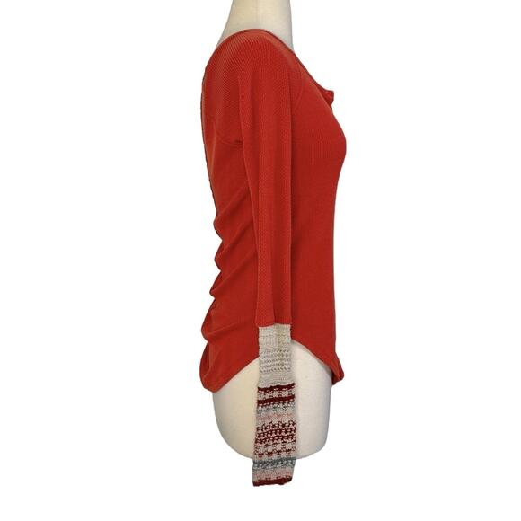 FREE PEOPLE Thermal Ski Lodge Top Orange Waffle Knit Crochet Cuffs Size Sz SP - Picture 6 of 11